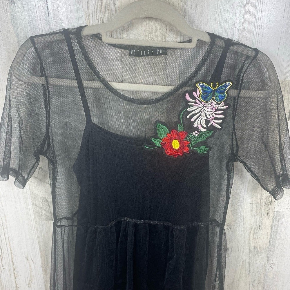 Potter's Pot Mini Dress Black Sheer Floral Embroidered size S Whimsygoth - Picture 3 of 8